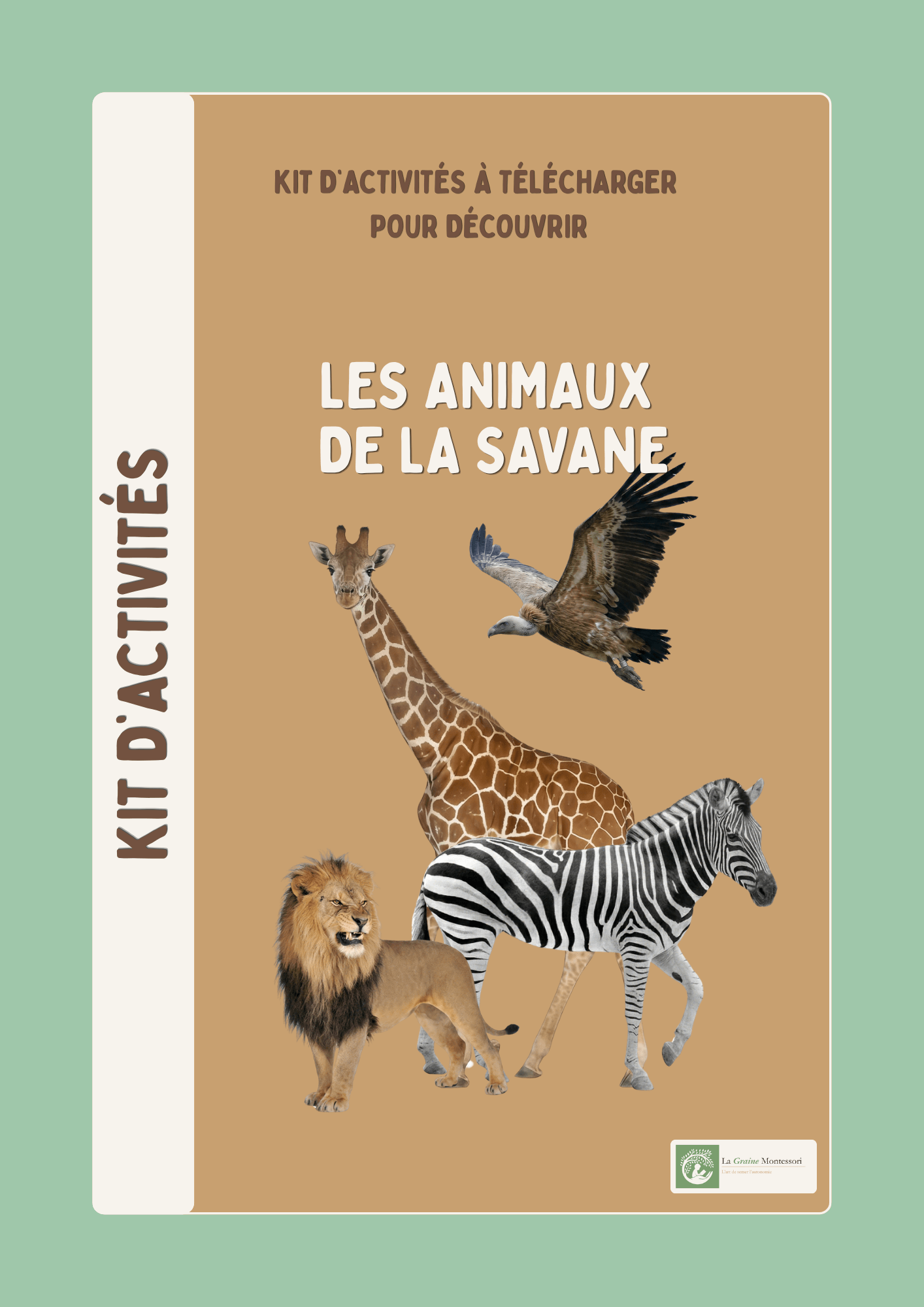 Couverture du kit d'activités à télécharger pour découvrir les animaux de la savane, à destination des enfants